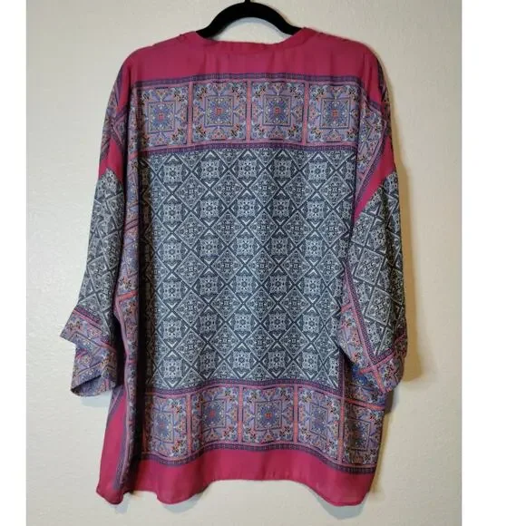 ZARA Basic Size XXL Pink Blue Batik Moroccan Boxy Geometric V-Neck Blouse Top - Picture 2 of 5